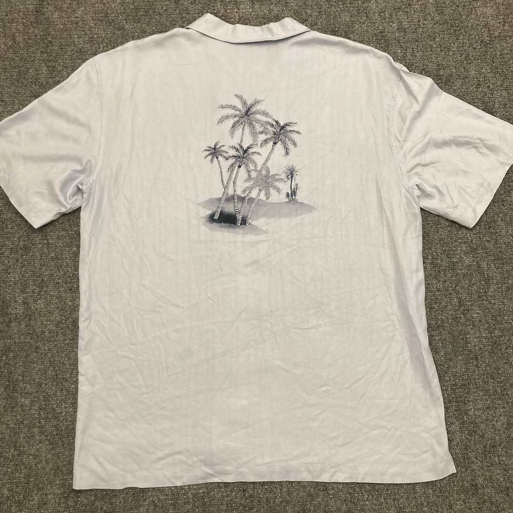Jos. A. Bank Men Button Shirt LARGE Blue Palm Tree Print Short Sleeve 100% Silk
